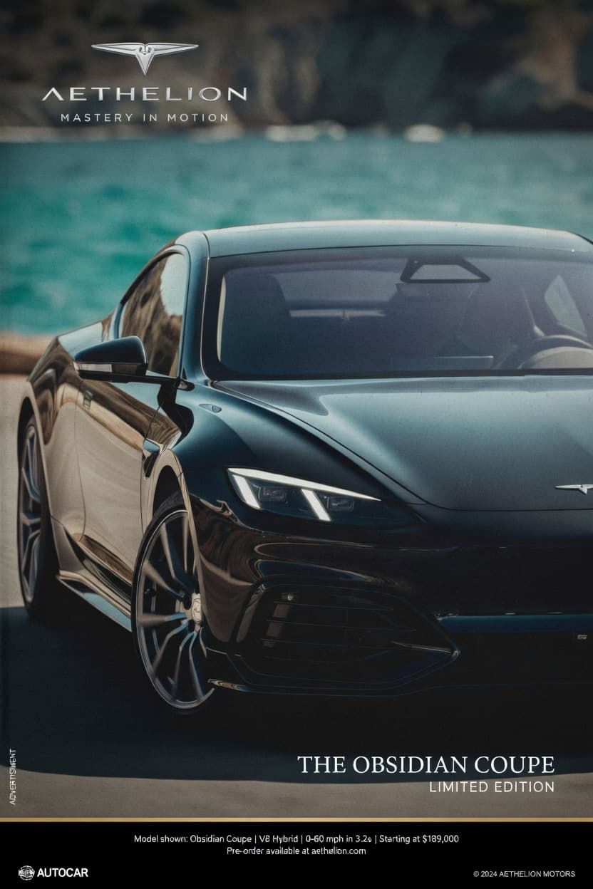Aethelion Obsidian Coupe automotive launch editorial poster.