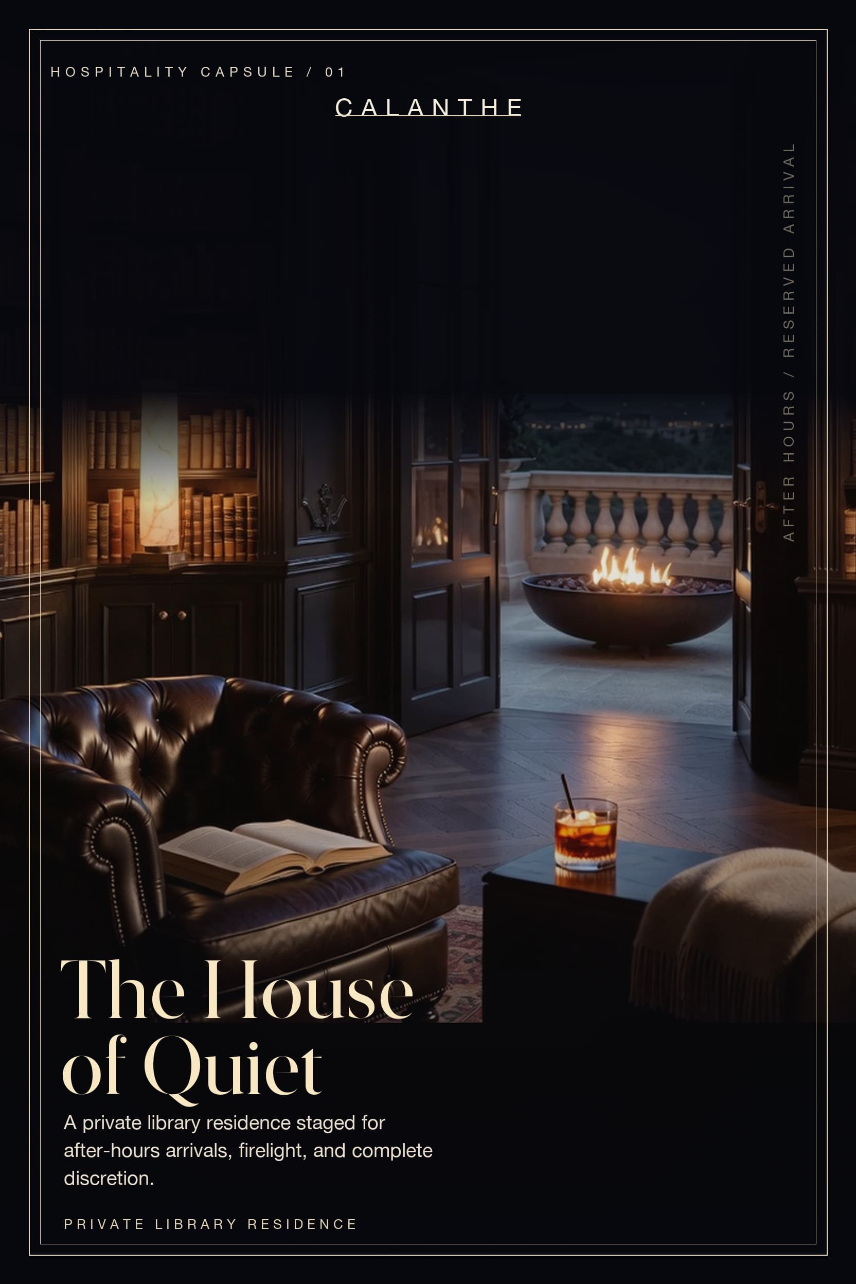 Calanthe hospitality campaign poster featuring a private library lounge opening onto a terrace at night.