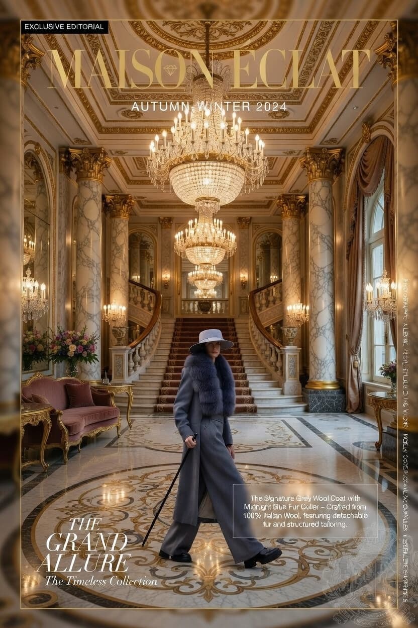 Maison Eclat editorial poster showing a grand chandelier-lit luxury hotel interior.