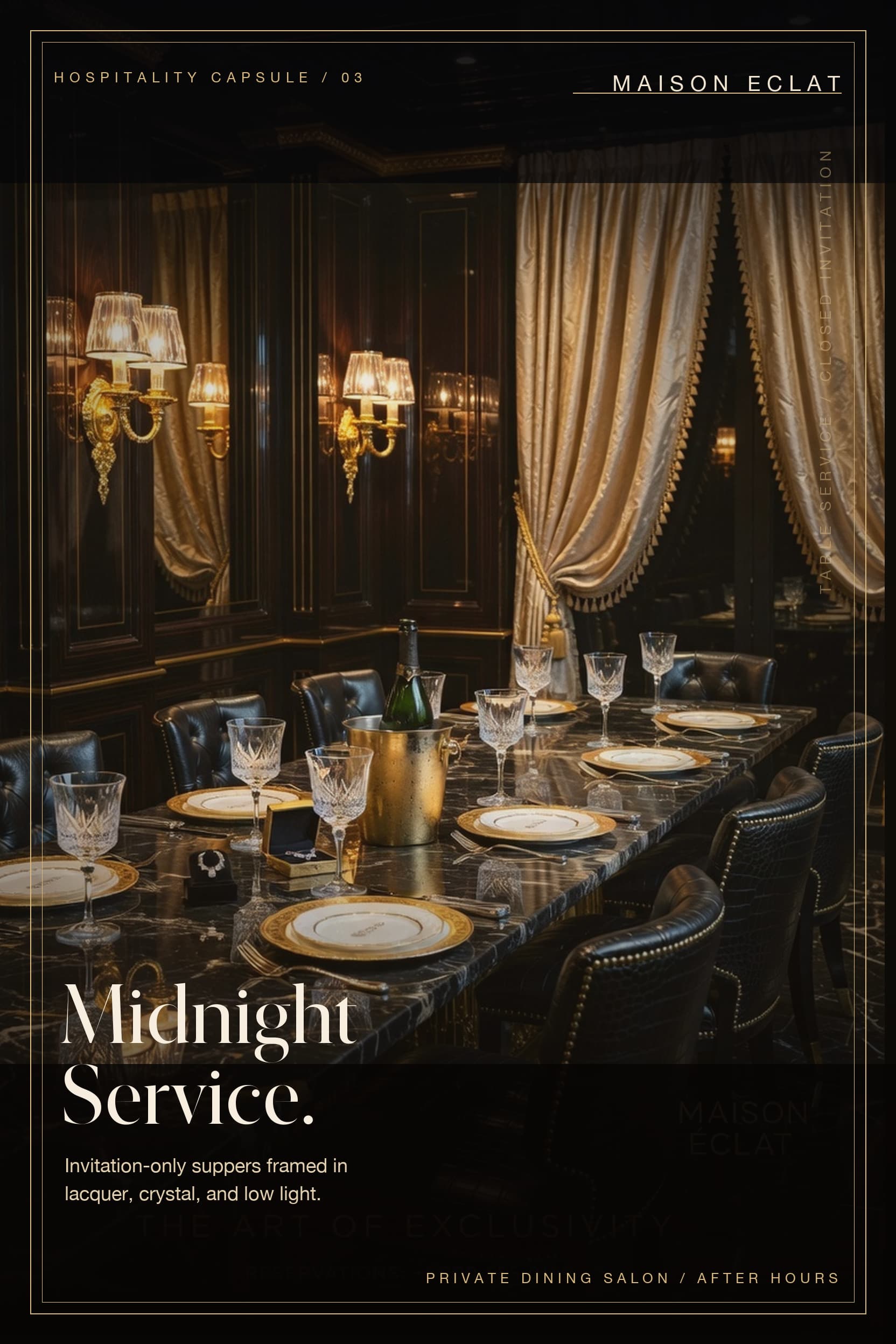 Maison Eclat private dining editorial featuring a black marble table in a dark lacquered dining salon.