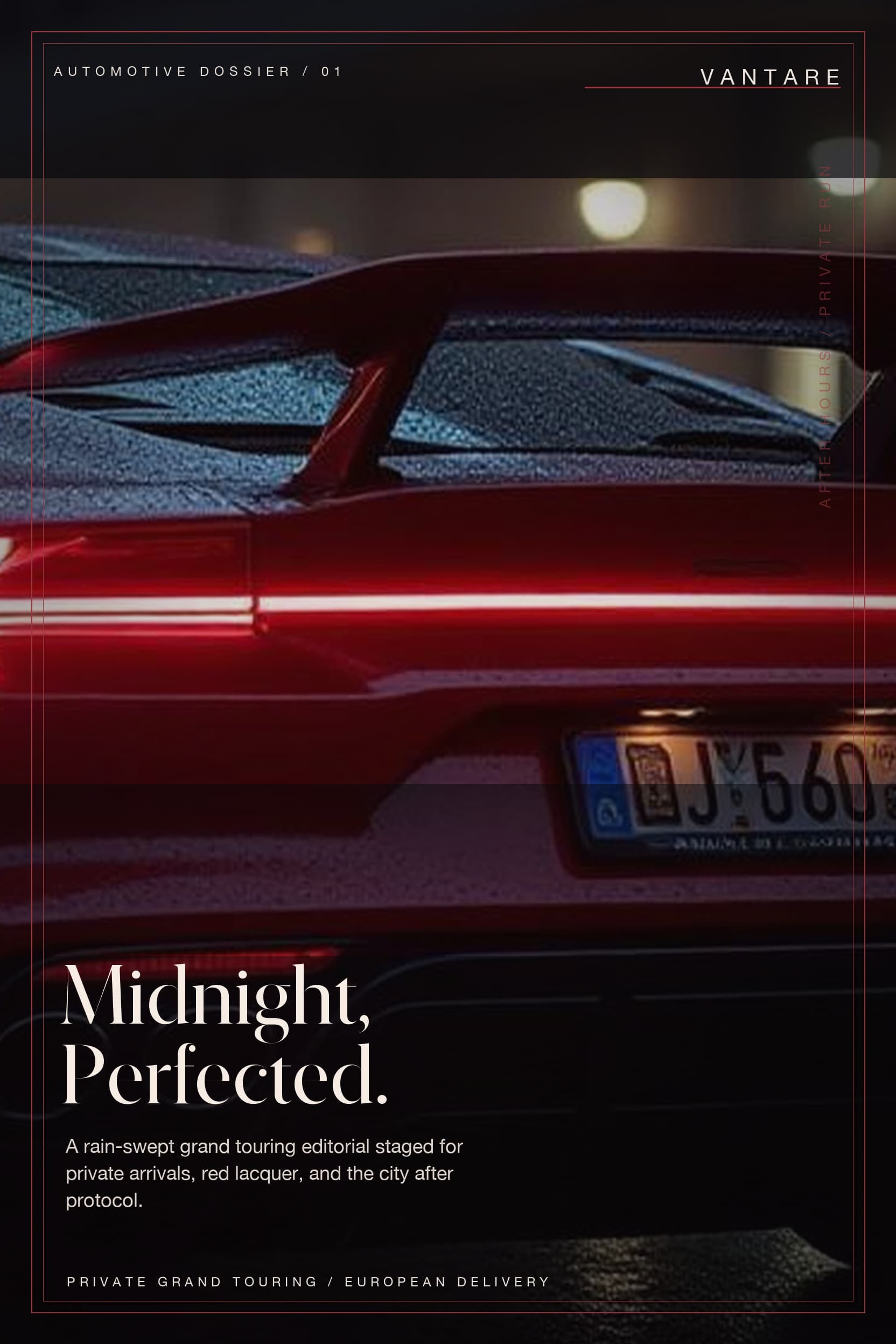 Vantare automotive campaign poster showing the rain-covered rear quarter of a red supercar on a city street at night.