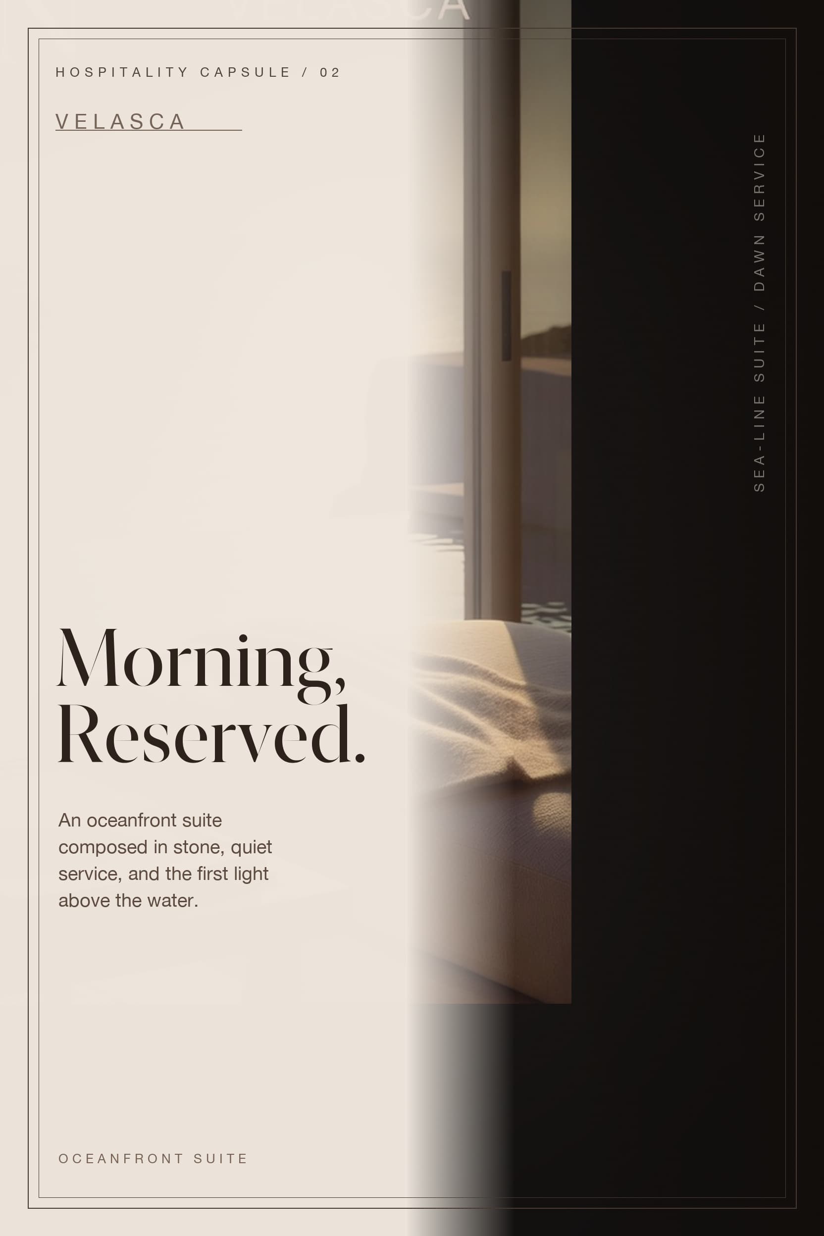Velasca hospitality brand visual showing an oceanfront suite with an infinity pool at sunrise.