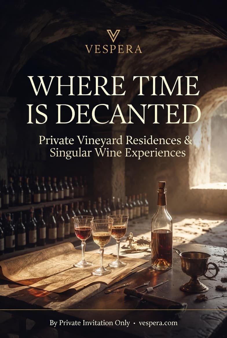 Vespera wine estate editorial poster showing a cellar table with glasses and a bottle inside a private vineyard residence.