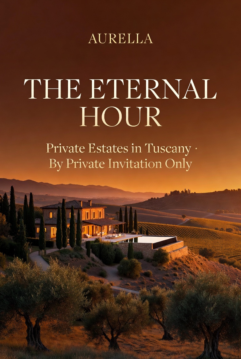 Premium estate brand identity visual featuring Tuscan private villa architecture and heritage design elements