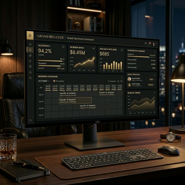 Luxury hotel operations dashboard displaying real-time occupancy rates and revenue analytics in a premium executive office