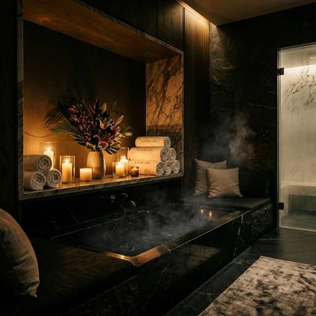 Five-star luxury spa interior with aromatic candles, marble surfaces, and steam rising from a private soaking pool